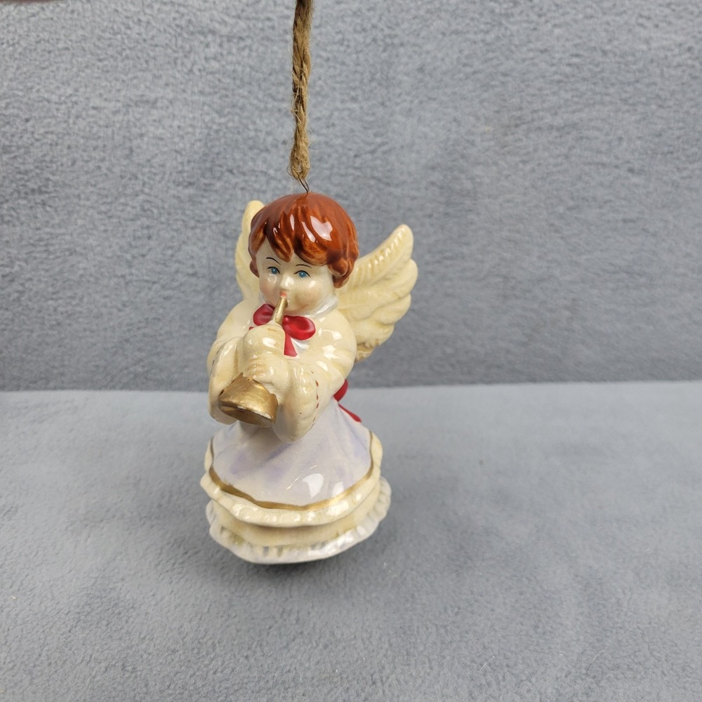 Vintage‎ Angel Christmas Ornament Red Bow & Horn Trumpet 4" Hanging Tree Decor